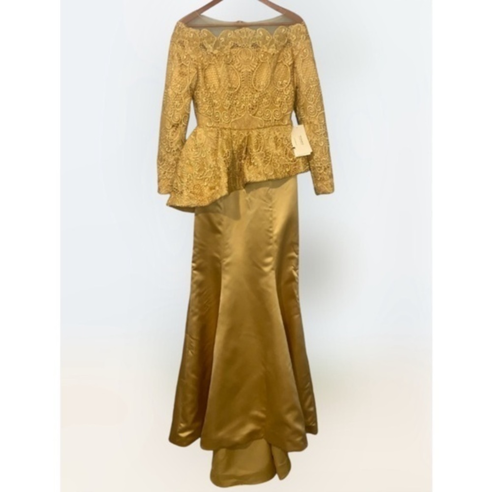 TS Couture Mustard Yellow Lace Long Sleeve Peplum Satin Mermaid Formal Gown NWT